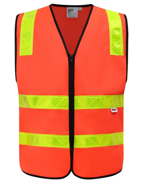 An orange safety vest featuring reflective yellow strips and a zipper front. It has a logo on the front.