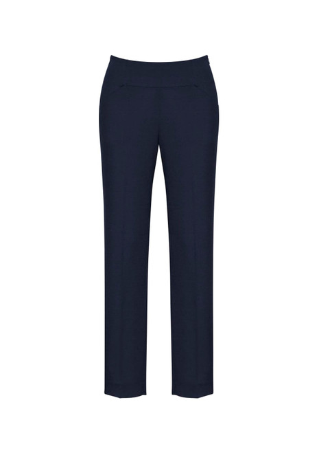 A pair of women's slim leg pants in navy blue, featuring a bandless design and a sleek, minimalistic look.
