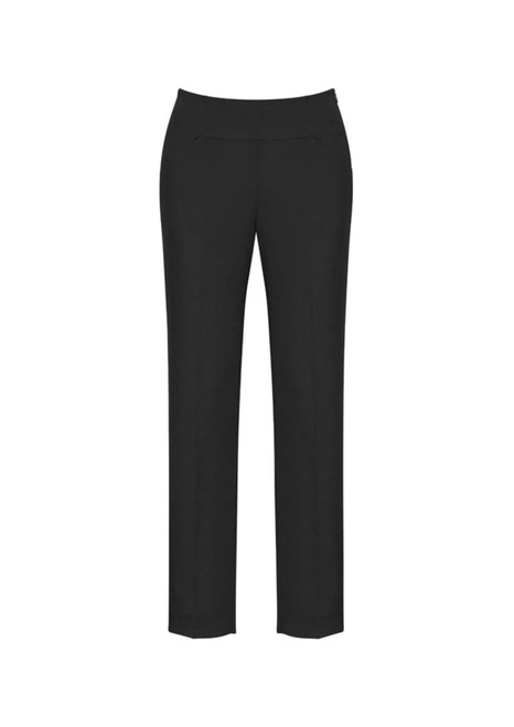 Black slim leg pants featuring a bandless waist design, suitable for casual or professional wear.