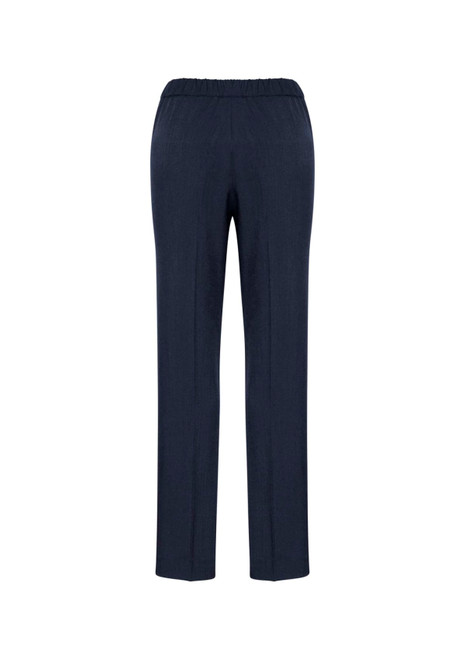 A pair of navy blue women's pants with an elastic waistband, featuring a straight leg design and no visible detailing.