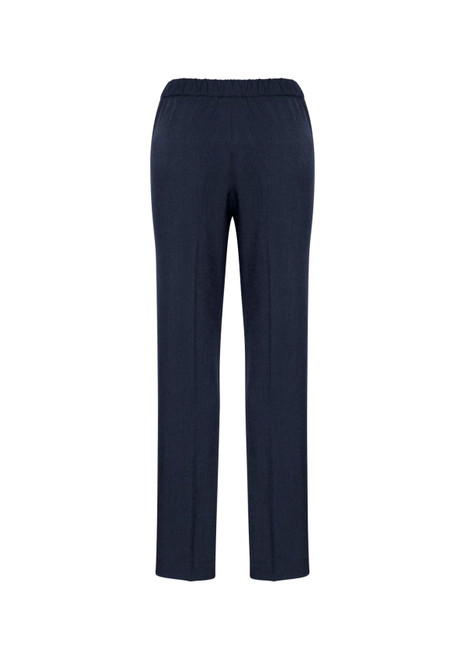 A pair of navy blue women's ultra comfort waist pants with an elastic waistband, featuring a simple design and no embellishments.