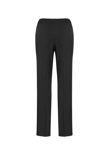 A pair of black women's slacks with an elastic waistband, featuring a smooth, straight-leg design.