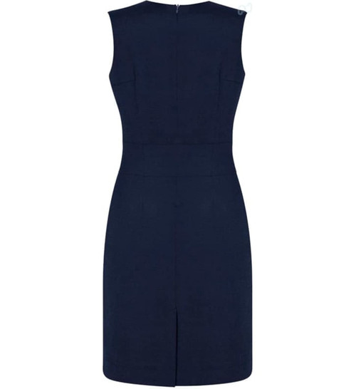 A sleeveless women's dress in navy blue with a V-neck and a back zipper, featuring a split hem.