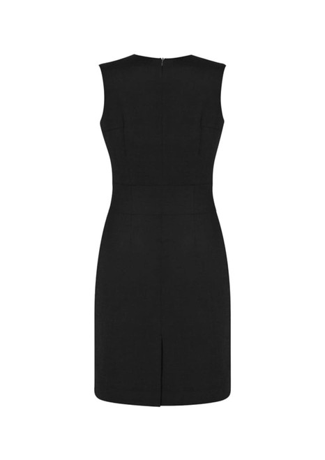 A black sleeveless V-neck dress with a back zipper and a subtle back slit. It features a fitted silhouette and sleek design.
