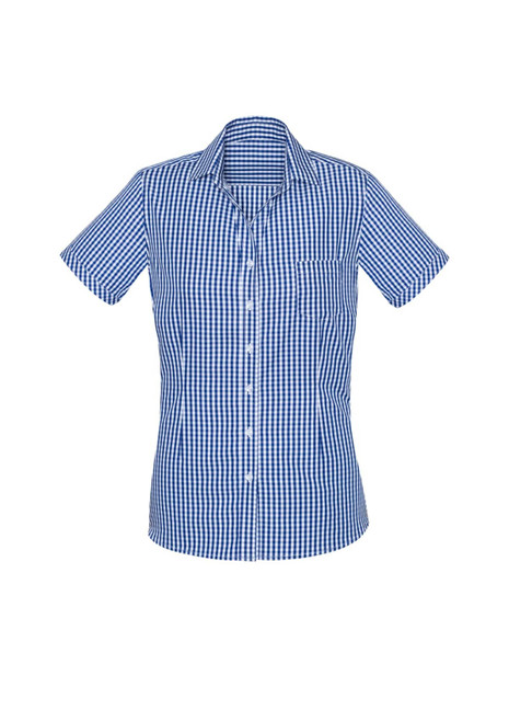 A short-sleeve women's shirt in blue and white gingham check pattern, featuring a button-up front and a chest pocket.