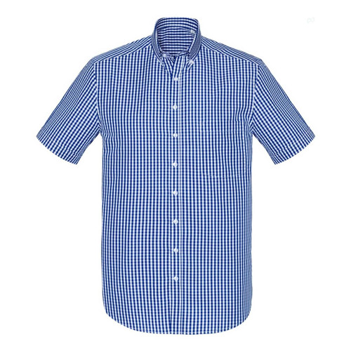 A blue and white checkered short sleeve button-up shirt with a collar and front buttons, featuring a logo.
