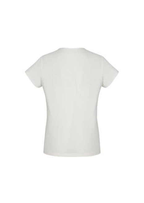A white women's short sleeve top with a simple design, featuring a back view and no visible branding.