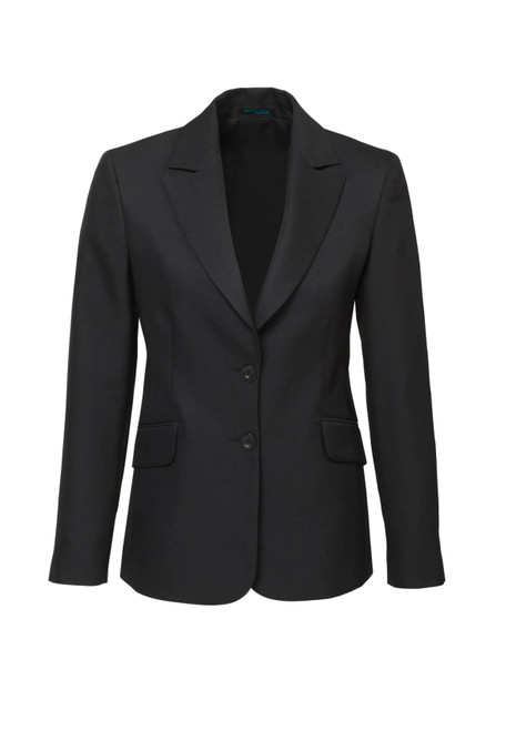 A black longline jacket with a notched lapel, featuring two front pockets and a single-button closure. It has a logo.