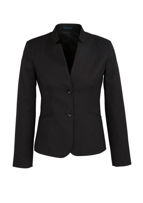 A black women's short jacket with a reverse lapel and two buttons, featuring long sleeves and a fitted design.