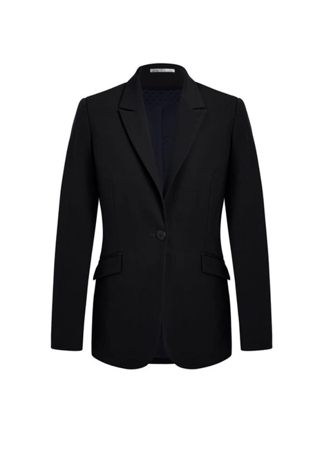 A black longline jacket featuring a classic blazer design with a single button and two pockets.