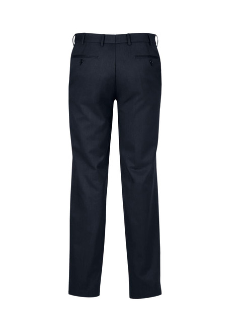 A pair of navy blue men's flat front trousers with a smooth finish and back pockets. Features a logo on the waistband.
