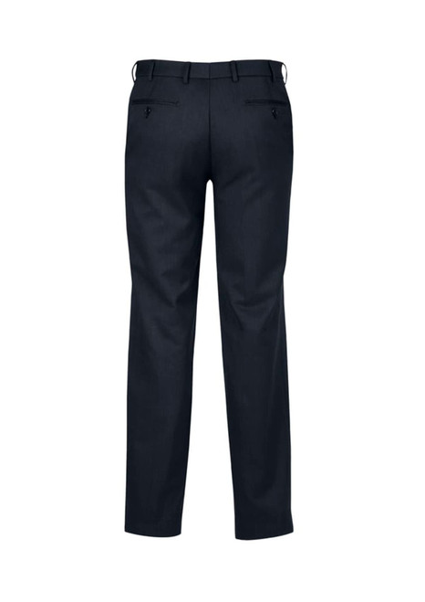 A pair of navy flat front pants for men, featuring a sleek design and two back pockets.
