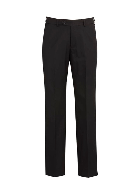 Men's flat front pants in black with a logo. Designed for comfort and style, perfect for casual or formal wear.