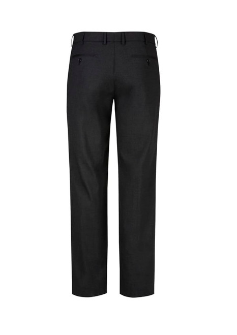 A pair of men's flat front pants in dark grey, featuring a smooth back design and two rear pockets.