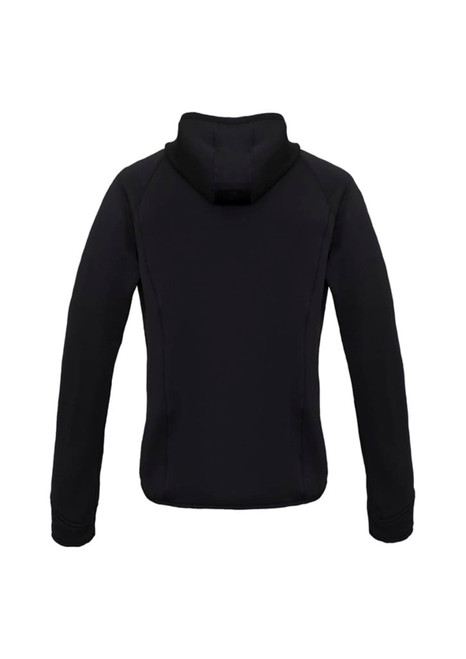 A black women's stealth puffer jacket with a hood, featuring a branded logo.