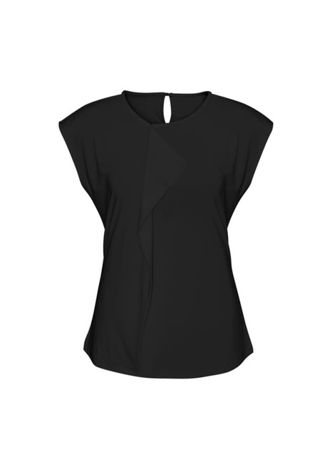 A black women's top featuring a unique design and a keyhole opening at the back. It has a subtle drape and cap sleeves.