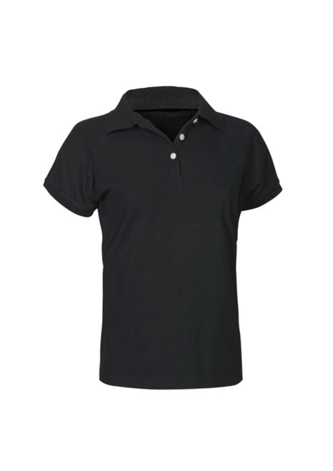 A women's short sleeve polo shirt in a solid dark green colour, featuring a collar and a branded logo.
