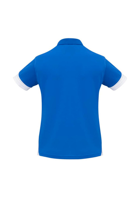 A blue women's short sleeve polo shirt with white collar and sleeve accents, featuring a logo on the front.
