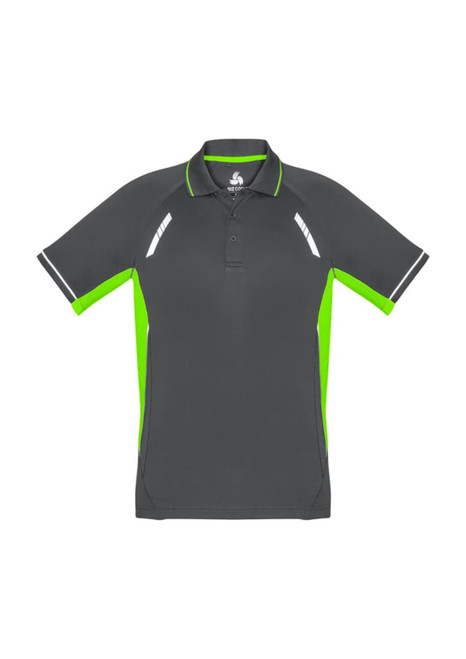 A short sleeve men's polo shirt in grey with bright green accents and detailing. It features a logo on the chest.