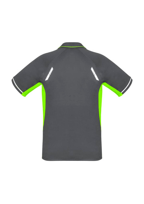 A grey short sleeve polo shirt with vibrant green accents and reflective details on the shoulders. Features a logo.