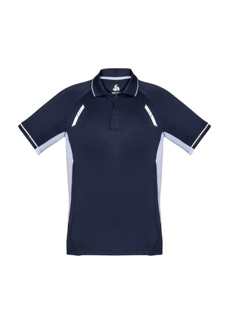 A men's short sleeve polo in navy blue with light grey side panels and a logo.