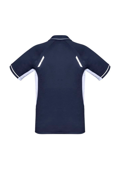 A navy blue short sleeve polo shirt with white accents and reflective details on the back. It features a logo.