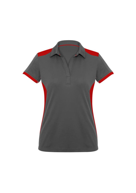 A grey women's polo shirt with red accents and a collar, featuring a logo.
