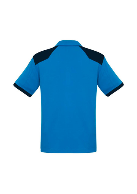 A short-sleeve men's polo shirt in blue with navy accents on the shoulders and collar. Features a logo on the chest.