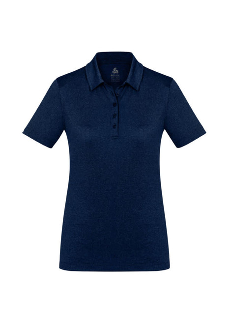 A women's short sleeve polo shirt in navy blue with a collar and a logo on the chest.