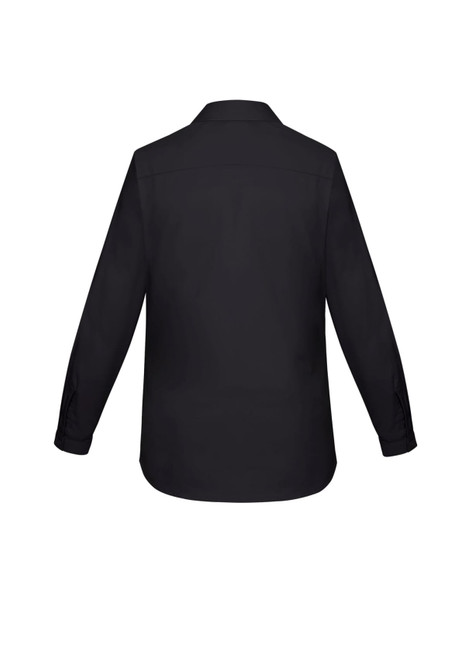A black women's long sleeve button-up shirt with a classic collar and a plain back design.