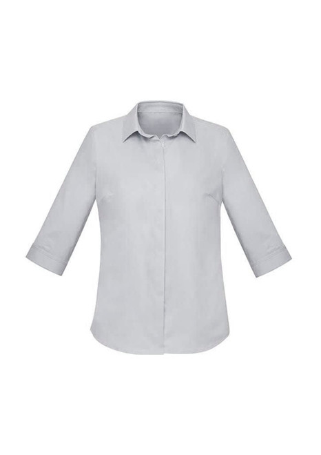 A light grey women's button-up shirt with 3/4 sleeves and a collar. It features a simple, clean design and has a logo.