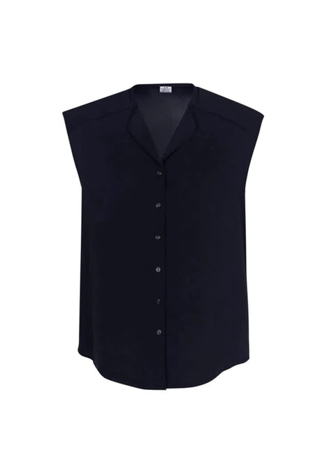 A sleeveless black blouse featuring a button front, with a relaxed fit and a subtle collar. It has a logo tag.