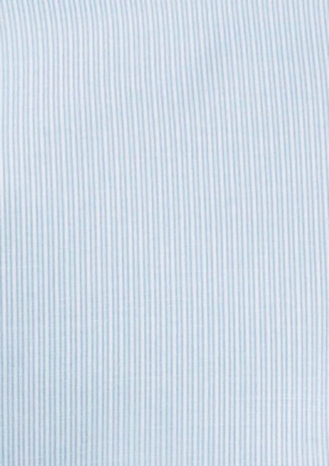 A light blue button-up shirt with a subtle striped pattern. The shirt features short sleeves and has a logo.