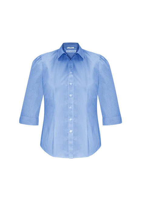 A women's button-up shirt in light blue with 3/4 sleeves and a fitted design, featuring a logo on the label.