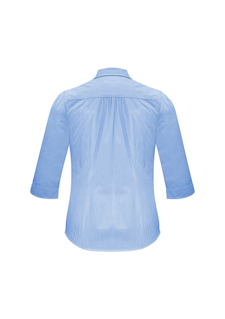 A women's blue 3/4 sleeve button-up shirt featuring a back pleat design and a logo.