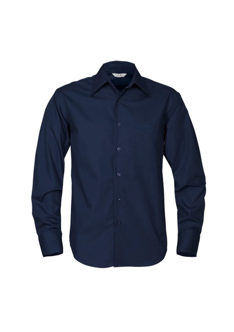 A navy blue long sleeve button-up shirt with a collar and a pocket, featuring a logo on the chest.