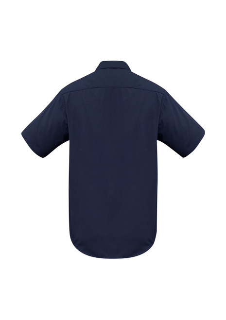 A navy short sleeve button-up shirt with a smooth back design and no visible logos.