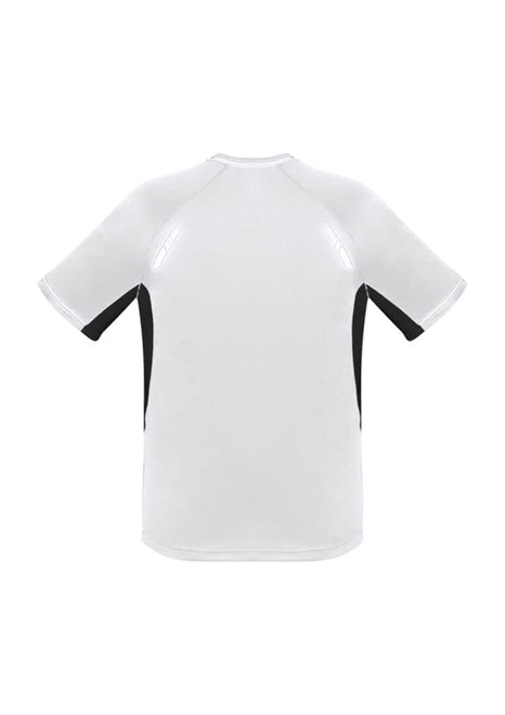 A short sleeve tee in white with black side panels, featuring a logo on the back.