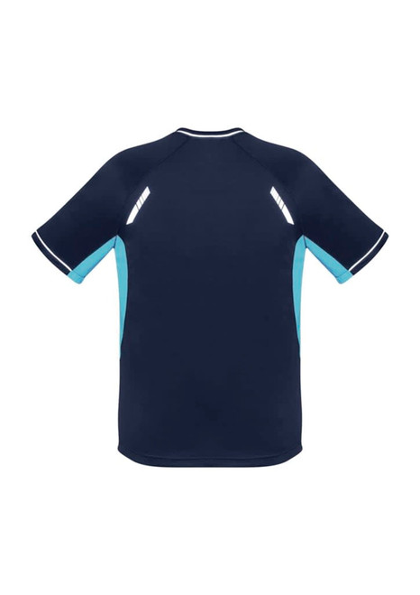 A navy blue short sleeve tee with light blue accents and reflective details, featuring a logo on the back.