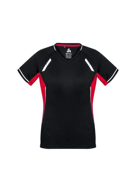 A black and red short sleeve tee with a v-neck and contrasting side panels, featuring a logo.
