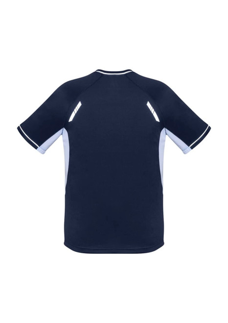 A navy blue short sleeve tee with contrasting light blue details and reflective accents. Features branding.
