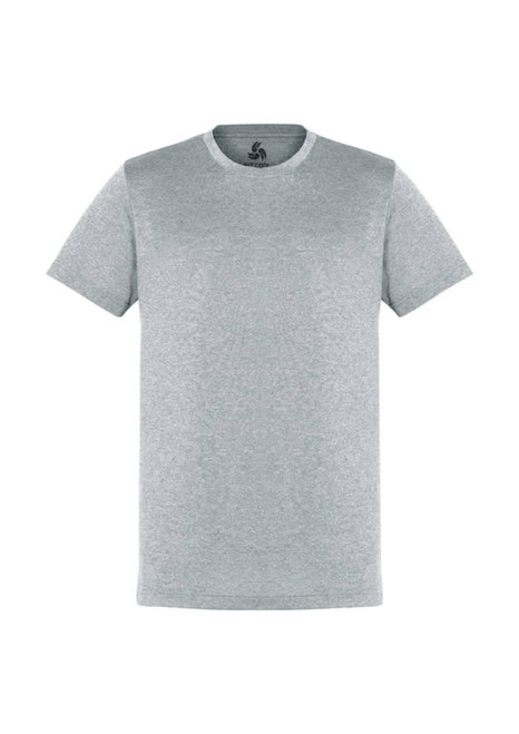 A grey short sleeve tee with a rounded neckline and a logo on the interior neck.