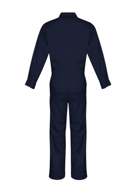 A navy lightweight cotton drill overall featuring long sleeves and a full back design, suitable for uniforms.