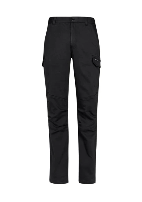 A pair of black work pants featuring cargo pockets and a branded logo.