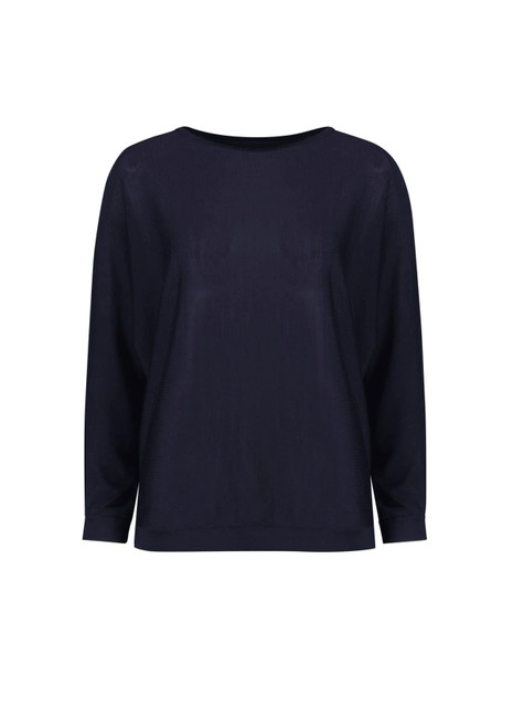 A navy batwing sweater top with a wide neckline and long sleeves. The design features a relaxed fit.