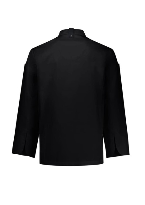 A black long sleeve chef jacket featuring a classic design and a logo on the back. Suitable for culinary uniforms.
