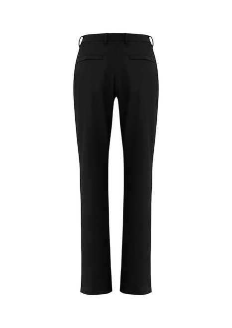 Black women's slacks with a straight-leg design and two back pockets, featuring a branding logo on the waistband.