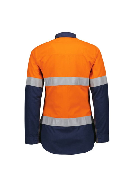 A lightweight ripstop shirt in orange with navy blue sleeves and reflective tape details on the back.