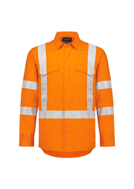 A long-sleeved work shirt in bright orange with reflective tape across the chest and arms, featuring two front pockets and a logo.