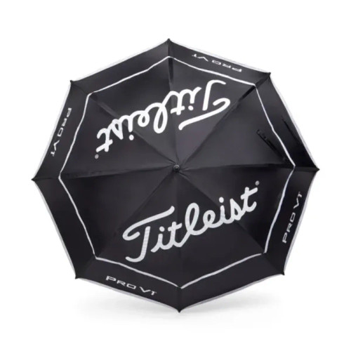 A black double canopy umbrella featuring a logo, ideal for leisure and outdoor activities.